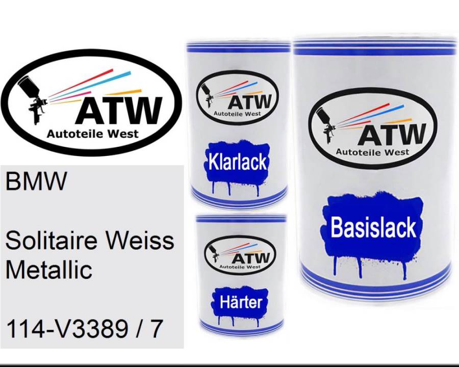 BMW, Solitaire Weiss Metallic, 114-V3389 / 7: 500ml Lackdose + 500ml Klarlack + 250ml Härter - Set, von ATW Autoteile West.